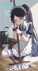 Rule 34 | 1girl, absurdres, apron, aris (blue archive), black hair, blue archive, blue dress, blue eyes, blue footwear, blue ribbon, blue wristband, bucket, closed mouth, dress, flat chest, hair intakes, high ponytail, highres, holding, holding mop, indoors, long hair, looking at viewer, maid, maid apron, maid headdress, mary janes, mop, nea (nea 77), neck ribbon, on floor, parted bangs, ponytail, puffy short sleeves, puffy sleeves, rag, ribbon, shadow, shoes, short sleeves, sidelighting, sidelocks, sitting, smile, solo, thighhighs, wariza, white thighhighs, wooden floor, wristband