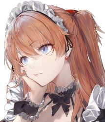 Rule 34 | 1girl, apron, artist request, blue eyes, closed mouth, hand on own cheek, hand on own face, looking ahead, maid, maid apron, maid headdress, neon genesis evangelion, portrait, solo, source request, souryuu asuka langley, twintails, yuaru san