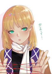 Rule 34 | 1girl, black shirt, blonde hair, blush, brown jacket, cat&#039;s cradle, commentary request, green eyes, highres, jacket, looking at viewer, mizuhashi parsee, multicolored clothes, multicolored jacket, open mouth, pointy ears, sakai-saka, shirt, short hair, simple background, solo, string, touhou, translation request, upper body, white background