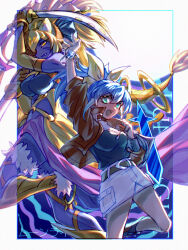 Rule 34 | 1girl, arm up, belt, black shirt, blue border, blue hair, border, bracelet, breasts, colored skin, duel disk, duel monster, fang, furry, furry female, green eyes, hair between eyes, hair ribbon, highres, holding, holding sword, holding weapon, jacket, jewelry, large breasts, light blue hair, lunalight sabre dancer, miniskirt, multicolored hair, open clothes, open jacket, open mouth, ponytail, purple hair, red jacket, ribbon, serena (yu-gi-oh!), shirt, skirt, streaked hair, sword, two-tone hair, udoshiyo, weapon, white background, yellow eyes, yellow ribbon, yu-gi-oh!, yu-gi-oh! arc-v