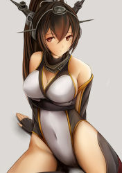 Rule 34 | 10s, 1girl, adapted costume, arm support, bad id, bad pixiv id, barefoot, breasts, brown eyes, brown hair, cleavage, covered navel, fingerless gloves, gloves, kantai collection, large breasts, leotard, long hair, looking at viewer, nagato (kancolle), nannacy7, pink background, ponytail, simple background, sitting, solo, taimanin suit