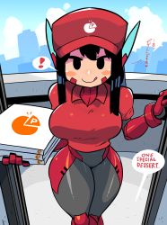 Rule 34 | !, 1girl, :q, absurdres, asta rindo (rariatto), black eyes, black hair, blush stickers, bodysuit, bodysuit under clothes, breasts, day, doorway, english text, entrance, gloves, highres, holding, large breasts, long hair, looking at viewer, original, pizza box, pizza delivery, pov doorway, rariatto (ganguri), red headwear, red shirt, robot ears, seductive smile, shirt, smile, solo, spoken exclamation mark, standing, tongue, tongue out