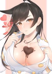 Rule 34 | 1girl, animal ears, asymmetrical bangs, atago (azur lane), azur lane, black hair, breasts, candy, chichikoucha, chocolate, chocolate heart, chocolate on body, chocolate on breasts, cleavage, collarbone, collared shirt, finger to mouth, food, food on body, hair ribbon, heart, heart on chest, large breasts, long hair, long sleeves, looking at viewer, mole, mole under eye, orange eyes, partially unbuttoned, pink background, ribbon, shirt, simple background, smile, solo, upper body