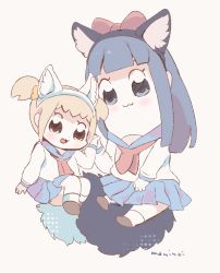 Rule 34 | 10s, 2girls, :3, :d, animal ears, artist name, bad id, bad pixiv id, blue eyes, blue hair, blue sailor collar, blue skirt, blunt bangs, blush, bow, chibi, closed mouth, commentary request, fake animal ears, fake tail, grey background, hair bow, hair ornament, hair scrunchie, hairband, hand grab, highres, long sleeves, looking at viewer, manino (mofuritaionaka), multiple girls, neckerchief, open mouth, orange hair, pipimi, pleated skirt, poptepipic, popuko, red bow, red neckerchief, sailor collar, scrunchie, shirt, signature, simple background, skirt, smile, tail, twintails, white shirt