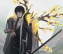 Rule 34 | 2boys, black eyes, black gloves, black hair, black kimono, black vest, blood, blood on clothes, blood on face, branch, closed mouth, collared shirt, dual persona, e.g.o (project moon), flower, gloves, hair flower, hair ornament, hanbok, highres, japanese clothes, kimono, korean clothes, limbus company, long sleeves, looking to the side, moon, multiple boys, necktie, open clothes, open kimono, project moon, red necktie, satome setsuko, shirt, vest, white shirt, wings, yellow flower, yi sang (project moon)