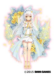 Rule 34 | 1girl, 2015, anklet, bare shoulders, barefoot, barefoot sandals (jewelry), belt, blush, bow, breasts, bridal gauntlets, choker, cleavage, cleavage cutout, closed mouth, clothing cutout, company name, dated, dress, feet, flower, flower knight girl, full body, glowing, hairband, half updo, highres, interlocked fingers, jewelry, legs together, light particles, light smile, long hair, looking at viewer, multiple swords, name connection, no bra, object namesake, off shoulder, official art, outline, own hands clasped, own hands together, sacraneco, sash, see-through, shirotaegiku (flower knight girl), short dress, short sleeves, sideboob, simple background, skirt, small breasts, smile, solo, standing, sword, toes, very long hair, weapon, white background, white dress, white hair, white skirt, yellow eyes