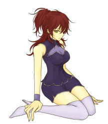 Rule 34 | 00s, 1girl, bad id, bad pixiv id, boots, breasts, cleavage, gundam, gundam 00, large breasts, lowres, nena trinity, ponytail, red hair, sakichi, see-through, shorts, side ponytail, sitting, solo, thigh boots, thighhighs, yellow eyes, zettai ryouiki