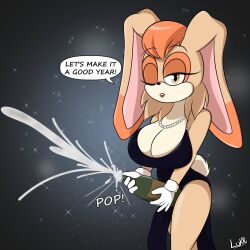 Rule 34 | black dress, bottle, breasts, brown eyes, curvy, dress, highres, jewelry, large breasts, lipstick, looking at viewer, luckster1234, makeup, mobian (species), necklace, new year, one eye closed, orange hair, pearl necklace, rabbit ears, rabbit girl, rabbit tail, sonic (series), talking, vanilla the rabbit