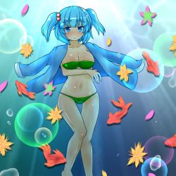 Rule 34 | 1girl, bad id, bad pixiv id, bandeau, bikini, bikini top only, blue eyes, blue hair, blush, body blush, breast hold, breasts, bubble, fish, green bikini, hair bobbles, hair ornament, hato no suisou, highres, kawashiro nitori, large breasts, leaf, light rays, looking at viewer, matching hair/eyes, navel, no headwear, shiny skin, short hair, solo, sunbeam, sunlight, swimsuit, thigh gap, touhou, twintails, two side up, underwater