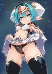 Rule 34 | aqua hair, armor, black hat, black panties, black thighhighs, breasts, cameltoe, cleft of venus, clothes lift, fingernails, gluteal fold, green eyes, groin, hair between eyes, hair intakes, hat, hellmatio, highres, karukan (monjya), lace, lace panties, lifted by self, long sleeves, navel, panties, parted lips, pleated skirt, pointy ears, puffy long sleeves, puffy sleeves, shinrabanshou, short hair, shoulder armor, side-tie panties, sidelocks, skirt, skirt lift, skull, small breasts, solo, thighhighs, underwear, white skirt