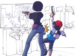 Rule 34 | 1boy, 1girl, ass, backpack, bag, black hair, black skirt, cheating (competitive), crane game, denim, feet out of frame, jeans, layered sleeves, light gun, long sleeves, monochrome background, oda shinya, ohya ichiko, pants, persona, persona 5, plow (witch parfait), red headwear, short hair, short over long sleeves, short sleeves, skirt, time crisis, you died