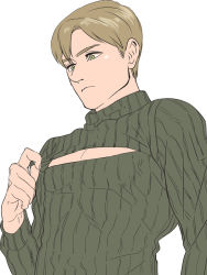 Rule 34 | 1boy, artist request, blonde hair, closed mouth, clothes pull, green eyes, green sweater, james sunderland, long sleeves, looking down, male focus, meme attire, open-chest sweater, short hair, silent hill (series), silent hill 2, simple background, solo, sweater, white background