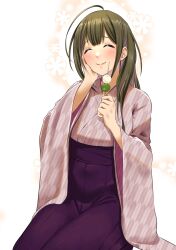 Rule 34 | 1girl, ^ ^, ahoge, blush, breasts, brown hair, closed eyes, closed mouth, dango, eating, floral background, food, hair over shoulder, hakama, hakama skirt, hand on own cheek, hand on own face, hands up, happy, highres, idolmaster, idolmaster shiny colors, japanese clothes, kaiso (kaisooekaki), kimono, kuwayama chiyuki, large breasts, long hair, long sleeves, pink kimono, purple skirt, sanshoku dango, sitting, skirt, solo, wagashi, white background, wide sleeves