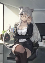 Rule 34 | 1girl, adjusting eyewear, alternate costume, animal ears, arm under breasts, black jacket, black skirt, black thighhighs, blazer, blue eyes, book, breasts, chair, collarbone, computer, crossed legs, cup, desk, disposable cup, earrings, formal, glasses, hand on eyewear, head tilt, highres, hololive, jacket, jewelry, jojobirdz, large breasts, lion ears, lion girl, lion tail, long hair, looking at viewer, monitor, office, office chair, office lady, parted lips, pencil skirt, plant, potted plant, shirt, shishiro botan, sitting, skirt, skirt suit, solo, ssrb (shishiro botan), suit, swivel chair, tail, thighhighs, thighs, virtual youtuber, white hair, white shirt, window, zettai ryouiki