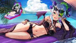 Rule 34 | 1girl, :3, absurdres, ahoge, apricot the lich, apricot the lich (swimsuit), arm support, armpit crease, bare shoulders, beach, bikini, black bikini, blue hair, blurry, blurry background, breasts, chain, chibi, chibi inset, choker, cloak, cloud, cloudy sky, commission, cross-laced bikini, cross-laced clothes, demon wings, earrings, eyewear on head, facial mark, fang, feet out of frame, foxyreine, gradient hair, green eyes, green hair, halterneck, hand on own thigh, highleg, highres, horn piercing, horns, inflatable raft, jewelry, lich, linea alba, looking at viewer, lying, medium breasts, mini wings, multicolored hair, multiple horns, nail polish, navel, ocean, on side, open mouth, palm leaf, parasol, pointy ears, purple horns, purple nails, see-through, shiny clothes, short hair with long locks, sidelocks, skin fang, skindentation, skull ornament, sky, smile, streaked hair, sunglasses, swimsuit, sword earrings, thigh gap, umbrella, virtual youtuber, vshojo, wet, wings