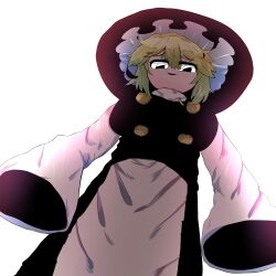 Rule 34 | 1girl, absurdres, apron, black dress, black eyes, black headwear, blonde hair, breasts, buttons, commentary request, cookie (touhou), cowboy shot, dress, frilled hairband, frills, from below, hair between eyes, hairband, hat, highres, kirisame marisa, large breasts, looking at viewer, looking down, medium bangs, open mouth, pinafore dress, shirt, short hair, simple background, sleeveless, sleeveless dress, sleeves past fingers, sleeves past wrists, solo, sznkrs, touhou, turtleneck, waist apron, white apron, white background, white shirt, witch hat, yuuhi (cookie)