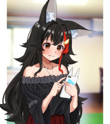 Rule 34 | 1girl, absurdres, animal ear fluff, animal ears, bare shoulders, black hair, black shirt, blurry, blurry background, blush, brown eyes, cellphone, closed mouth, commentary request, commission, daichi (daichi catcat), hair ornament, hairclip, highres, holding, holding phone, hololive, jewelry, long sleeves, looking at phone, multicolored hair, necklace, off-shoulder shirt, off shoulder, ookami mio, phone, pillarboxed, pleated skirt, red hair, red skirt, shirt, skeb commission, skirt, smartphone, solo, streaked hair, upper body, virtual youtuber, wolf ears, wolf girl