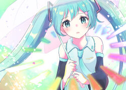 1girl aoiyui aqua_eyes aqua_hair aqua_necktie bare_shoulders black_sleeves blush cherry_blossoms commentary detached_sleeves flower grey_shirt hair_flower hair_ornament hairclip hatsune_miku heart holding holding_umbrella instrument keyboard_(instrument) long_hair looking_at_viewer melt_(vocaloid) necktie open_mouth rainbow shirt shoulder_tattoo sleeveless sleeveless_shirt solo tattoo transparent transparent_umbrella twintails umbrella upper_body very_long_hair vocaloid