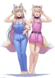 Rule 34 | 2girls, absurdres, animal ear fluff, animal ears, armpits, barefoot, belt, belt collar, black belt, black collar, blonde hair, blue hair, blue overalls, breasts, cleavage, collar, dog ears, dog girl, dog tail, erasorpepero, fuwawa abyssgard, highres, hololive, hololive english, large breasts, long hair, looking at viewer, medium hair, mococo abyssgard, multicolored hair, multiple girls, open mouth, overall skirt, overalls, pink hair, pink overalls, siblings, small breasts, smile, spiked collar, spikes, streaked hair, tail, twins, v, v over eye, virtual youtuber, white background
