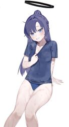 Rule 34 | 1girl, arm support, bbocsean, black halo, black shirt, blue archive, blue buruma, blue eyes, blush, breasts, buruma, covered erect nipples, feet out of frame, grin, halo, highres, invisible chair, long hair, looking at viewer, ponytail, purple hair, shirt, short sleeves, sitting, small breasts, smile, solo, thighs, wet, yuuka (blue archive), yuuka (track) (blue archive)
