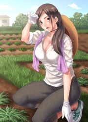 Rule 34 | 1girl, bra visible through clothes, breasts, brown eyes, brown hair, cleavage, denim, dirt, farm, field, gloves, grass, hat, highres, jeans, kill time communication, kneeling, large breasts, long hair, mature female, original, outdoors, pants, ponytail, rokko, sleeves rolled up, solo, sweat