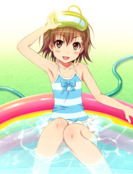 Rule 34 | 1girl, ahoge, arm up, armpits, blush stickers, brown hair, goggles, goggles on head, hose, knees together feet apart, last order (toaru majutsu no index), one-piece swimsuit, open mouth, partially submerged, shian (my lonly life.), short hair, solo, striped clothes, striped one-piece swimsuit, swimsuit, toaru majutsu no index, wading pool, water