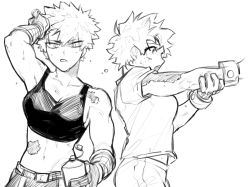Rule 34 | 2girls, bakugou katsuki, bare shoulders, boku no hero academia, breasts, commentary, english commentary, french kiss, from side, gloves, greyscale, hand on own arm, highres, holding own arm, kiss, looking at viewer, midoriya izuku, monochrome, multiple girls, navel, open mouth, outstretched arm, pants, qhsrp moy, scar, scar on arm, shirt, short hair, short sleeves, simple background, spiked hair, sports bra, standing, white background