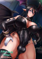 Rule 34 | 1girl, :o, artist name, bare shoulders, black hair, black sleeves, black thighhighs, breasts, bulge, cleavage, commission, covered erect nipples, covered penis, covered testicles, demon girl, demon wings, erection, erection under clothes, futanari, gloves, hair between eyes, head wings, highres, large breasts, large penis, latex, latex leotard, leotard, long hair, looking at viewer, looking down, multiple wings, original, penis, phantasy star, phantasy star online 2, pointy ears, puffy areolae, puffy nipples, red eyes, skeb commission, skin tight, solo, standing, thighhighs, ubanis, very long hair, white gloves, wide hips, wings