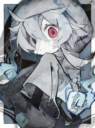 1girl bandage_on_cheek bandage_on_face bandages blue_eyes highres hitodama hood long_sleeves looking_at_viewer looking_back open_mouth original red_eyes sleeves_past_fingers sleeves_past_wrists solo soresaki