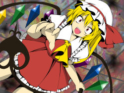 Rule 34 | 1girl, :d, blonde hair, flandre scarlet, frilled skirt, frilled sleeves, frills, hat, highres, laevatein, mob cap, open mouth, puffy short sleeves, puffy sleeves, red eyes, short sleeves, side ponytail, skirt, smile, touhou, vest, wings, yuuma3594