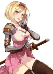Rule 34 | 10s, 1girl, armor, blonde hair, blush, boots, breasts, brown eyes, clothes lift, cum, cum in mouth, cum on tongue, djeeta (granblue fantasy), dress, fighter (granblue fantasy), gauntlets, gloves, granblue fantasy, hairband, heart, heart-shaped pupils, highres, lifting own clothes, looking at viewer, nipples, no panties, open mouth, realmbw, short hair, simple background, skirt, skirt lift, smile, solo, suggestive fluid, sword, symbol-shaped pupils, thigh boots, thighhighs, tongue, tongue out, torn clothes, torn dress, weapon, white background