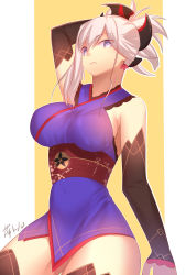 Rule 34 | 1girl, blue eyes, breasts, detached sleeves, earrings, fate/grand order, fate (series), hair ornament, hand in own hair, highres, japanese clothes, jewelry, kimono, large breasts, long hair, looking at viewer, miyamoto musashi (fate), miyamoto musashi (first ascension) (fate), pink hair, ponytail, sash, solo, thighhighs, xue fengzi