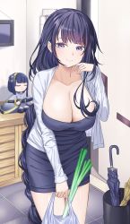 Rule 34 | 1girl, adjusting hair, alternate costume, bag, braid, breasts, casual, character doll, cleavage, closed mouth, collarbone, door, doorway, dress, genshin impact, getabako, highres, holding, holding bag, jacket, large breasts, long hair, long sleeves, looking at viewer, low-braided long hair, low-tied long hair, mole, mole under eye, o-los, open clothes, open jacket, purple dress, purple eyes, purple hair, raiden shogun, shopping bag, sleeveless, sleeveless dress, smile, spring onion, umbrella, very long hair, white jacket