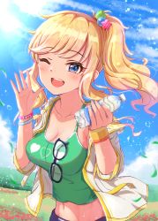 Rule 34 | 1girl, blonde hair, blue eyes, blush, bottle, breasts, cleavage, collarbone, commentary request, day, glasses, green shirt, hair ornament, highres, holding, holding bottle, idolmaster, idolmaster cinderella girls, idolmaster cinderella girls starlight stage, jacket, large breasts, long hair, looking at viewer, midriff, navel, ohtsuki yui, one eye closed, outdoors, ponytail, shirt, smile, solo, star (symbol), star hair ornament, teeth, tudon (donut), upper teeth only, water bottle, wavy hair, white jacket