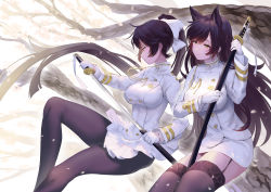 Rule 34 | 2girls, animal ears, atago (azur lane), azur lane, black hair, blush, bow, cherry blossoms, closed mouth, drawing sword, gloves, gold trim, hair bow, highres, holding, holding sword, holding weapon, katana, kiyosato 0928, looking at viewer, military, military uniform, multiple girls, pantyhose, sheath, sheathed, sword, takao (azur lane), thighband pantyhose, tree, uniform, unsheathing, weapon, white bow, white gloves