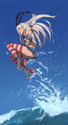 Rule 34 | 10s, 1girl, armpits, ass, blonde hair, breasts, commentary request, crop top, crop top overhang, day, elbow gloves, full body, gloves, hairband, highres, jumping, kantai collection, long hair, midriff, miniskirt, ocean, outdoors, outstretched arm, school uniform, serafuku, shimakaze (kancolle), skirt, sky, small breasts, solo, striped clothes, striped thighhighs, thighhighs, underwear, water, white gloves, youmak