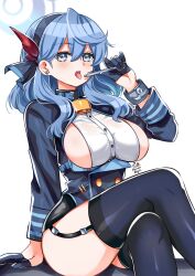 Rule 34 | 1girl, ako (blue archive), artist name, bell, black gloves, black hairband, black thighhighs, blue archive, blue eyes, blue hair, breasts, commentary, crossed legs, garter straps, gloves, hairband, half gloves, halo, highres, large breasts, long sleeves, looking at viewer, maroonabyss, medium hair, neck bell, open mouth, simple background, sitting, solo, teeth, thighhighs, thighs, tongue, tongue out, upper teeth only, white background