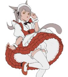 Rule 34 | 1girl, :d, absurdres, animal ears, apron, warrior of light (ff14), black bow, black ribbon, bloomers, bow, cat ears, cat girl, cat tail, center frills, clothes lift, dress, dress lift, final fantasy, final fantasy xiv, fingernails, flat color, frills, hand up, highres, leg up, lifting own clothes, long hair, maid, maid apron, maid headdress, miqo&#039;te, nail polish, open mouth, orange eyes, puffy sleeves, red dress, red footwear, red nails, ribbon, shoes, silver hair, simple background, sleeves past elbows, smile, solo, swept bangs, tail, thighhighs, twintails, underwear, waist apron, white apron, white background, white bloomers, white thighhighs, yoshikyuu, zettai ryouiki