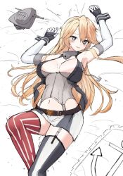 Rule 34 | 1girl, anchor symbol, asymmetrical legwear, blonde hair, blue eyes, bodice, breasts, collar, commentary request, feet out of frame, fingerless gloves, garter straps, gloves, highres, iowa (kancolle), kantai collection, large breasts, metal collar, mismatched legwear, nazono neko, skirt, smile, solo, star-shaped pupils, star (symbol), striped clothes, striped skirt, striped thighhighs, symbol-shaped pupils, thighhighs, unworn headgear, vertical-striped clothes, vertical-striped skirt, vertical-striped thighhighs