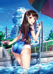 Rule 34 | 1girl, absurdres, adapted costume, ass, bird, blue one-piece swimsuit, brown eyes, brown hair, casual one-piece swimsuit, cloud, d.va (overwatch), facial mark, fang, from behind, headphones, highres, ladder, long hair, looking back, one-piece swimsuit, open mouth, outdoors, overwatch, overwatch 1, partially submerged, pool, poolside, sannio, sky, smile, solo, swimsuit, umbrella, utility pole, wading, water, water gun, wet