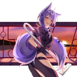 Rule 34 | 1girl, :d, ahoge, animal ears, arknights, black gloves, blush, cowboy shot, gloves, highres, hip vent, jacket, large tail, long hair, looking at viewer, open mouth, provence (arknights), puffy short sleeves, puffy sleeves, purple hair, short sleeves, smile, solo, standing, tail, vacuum cleaner, wolf ears, wolf tail, woodsbench, yellow eyes