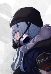 Rule 34 | 1girl, agent 416 (girls&#039; frontline), blue hair, blue jacket, blunt bangs, commentary request, fluegel (kaleido scope-710), from side, girls&#039; frontline, green eyes, highres, hk416 (girls&#039; frontline), jacket, light blue hair, long hair, long sleeves, mask, police, respirator, solo, tom clancy&#039;s the division, upper body