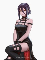 Rule 34 | 1girl, bare shoulders, black gloves, black hair, breasts, chainsaw man, cleavage, cosplay, feet out of frame, gloves, hair bun, highres, looking at viewer, medium breasts, notgustiarp, own hands together, red eyes, reze (chainsaw man), single hair bun, smile, solo, spy x family, thighhighs, thighs, yor briar, yor briar (cosplay)