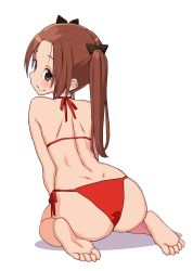 Rule 34 | 1girl, ass, ass focus, barefoot, bikini, black bow, bow, brown eyes, brown hair, dimples of venus, feet, from behind, full body, girls und panzer, hair bow, halterneck, highres, huge ass, kadotani anzu, long hair, looking at viewer, looking back, ouma bunshichirou, parted bangs, parted lips, red bikini, side-tie bikini bottom, simple background, sitting, solo, swimsuit, thong, thong bikini, twintails, wariza, white background, wide hips