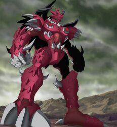 Rule 34 | 1boy, claws, clenched hands, digimon, digimon (creature), dorbickmon, dragon, full body, highres, horns, looking to the side, no humans, screencap, serious, sharp teeth, simple background, sky, spikes, standing, teeth, third-party edit, toei animation, yellow eyes