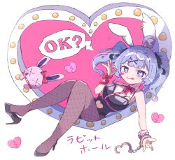 Rule 34 | 1girl, :q, \m/, ahoge, animal ears, black footwear, black leotard, black pantyhose, black ribbon, blue eyes, blue hair, blush, bow, bowtie, breasts, broken heart, card, cleavage, closed mouth, clothing cutout, commentary request, cuffs, detached collar, fake animal ears, fishnet pantyhose, fishnets, full body, hair ornament, hair ribbon, hairclip, handcuffs, hatsune miku, heart, heart-shaped pupils, heart cutout, high heels, highres, leotard, long hair, looking at viewer, lying, medium breasts, navel cutout, ok sign, on back, pantyhose, playboy bunny, playing card, rabbit, rabbit ears, rabbit hole (vocaloid), red bow, red bowtie, red ribbon, ribbon, sasugane watashi, simple background, solo, speech bubble, symbol-shaped pupils, tongue, tongue out, translation request, twintails