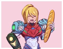 Rule 34 | 1girl, arm cannon, armor, blonde hair, bread, closed eyes, food, hand on own hip, lauceryse, long hair, looking at viewer, metroid, metroid dread, mole, mole under mouth, nintendo, open mouth, pink background, ponytail, power armor, power suit, samus aran, science fiction, simple background, smile, solo, upper body, weapon