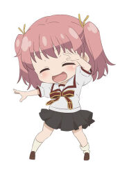 Rule 34 | 1girl, black skirt, brown footwear, chibi, closed eyes, collared shirt, fate/kaleid liner prisma illya, fate (series), flat chest, full body, homurahara academy school uniform, kneehighs, miniskirt, moriyama nanaki, official art, open mouth, pink hair, pleated skirt, puffy short sleeves, puffy sleeves, sailor collar, school uniform, shirt, short sleeves, short twintails, simple background, skirt, smile, socks, solo, standing, twintails, white background, white shirt, white socks