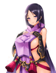 Rule 34 | 1girl, absurdres, arm guards, bare shoulders, black gloves, bloody0rabby, blush, breast curtains, breasts, closed mouth, commentary, elbow gloves, fate/grand order, fate (series), fingerless gloves, gloves, hair between eyes, hands on own chest, high collar, highres, large breasts, long hair, looking at viewer, minamoto no raikou (fate), parted bangs, purple eyes, purple hair, rope, sideboob, simple background, smile, solo, tabard, tassel, very long hair, white background, window