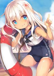 Rule 34 | 10s, 1girl, beach, belt, between thighs, blue eyes, blue sky, blush, buckle, closed mouth, cloud, crop top, day, eyebrows, flower, hair flower, hair ornament, index finger raised, kantai collection, lifebuoy, long hair, looking at viewer, one-piece swimsuit, one-piece tan, outdoors, revision, ro-500 (kancolle), sailor collar, sand, school swimsuit, school uniform, sky, sleeveless, smile, solo, string, swim ring, swimsuit, swimsuit under clothes, tan, tanline, torpedo, umagenzin